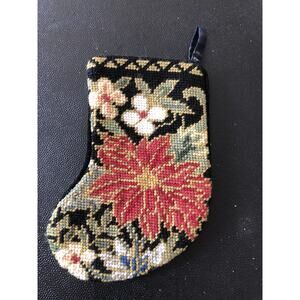 Vtg Needlepoint Handmade Christmas Stocking Poinsettias Velvet Backing Mini. T